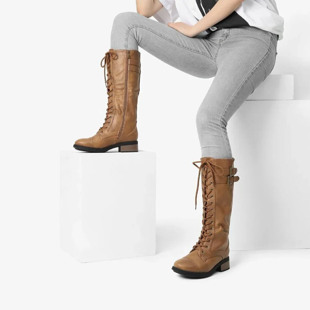 🆕Women Polyurethane Pu Georgia Camel Double buckle Knee High Riding Combat Boot